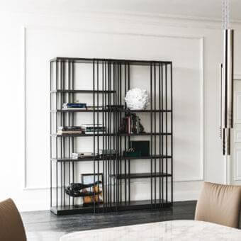 Distinguished Cattelan Italia Arsenal bookcase with graphite embossed lacquered steel and richly grained Burned oak shelves