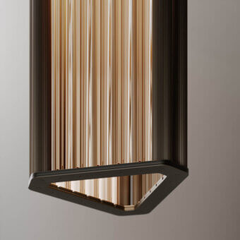 Superior VENICEM Numa suspension lamp crafted in dark burnished brass with refined Murano blown glass trihedrons in smoke grey finish