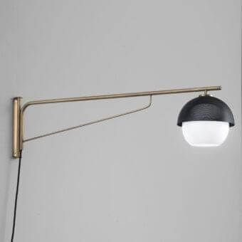 Distinguished VENICEM Urban Wall Turning Arm Lamp with burnished brass and matt black perforated metal mesh lampshade crafted in white Murano glass