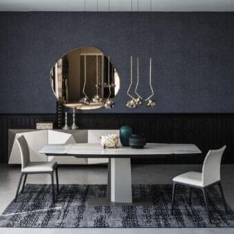 Distinguished Cattelan Italia Duffy Keramik Drive table with Marmi ceramic Alabastro top and graphite embossed steel base and column