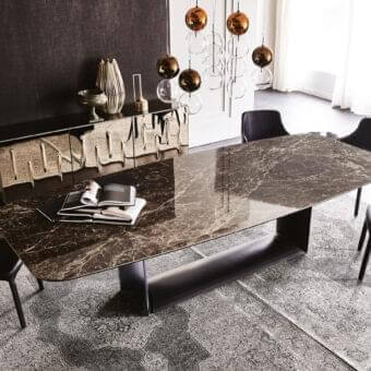 Distinguished Cattelan Italia Dragon table with glossy Portoro ceramic marmi top and graphite embossed lacquered steel base