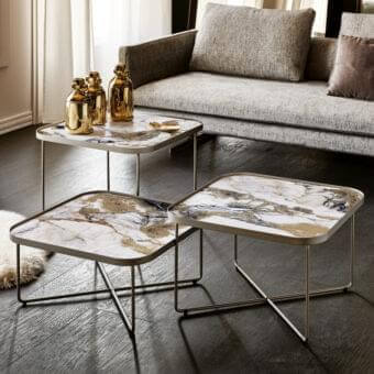 Distinguished Cattelan Italia Benny Keramik coffee table with Marmi ceramic top in gold, gray and blue tones with polished light-toned metal base