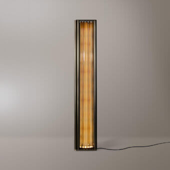 Distinguished VENICEM Numa floor lamp with warm amber Murano blown glass trihedrons and dark burnished brass structure