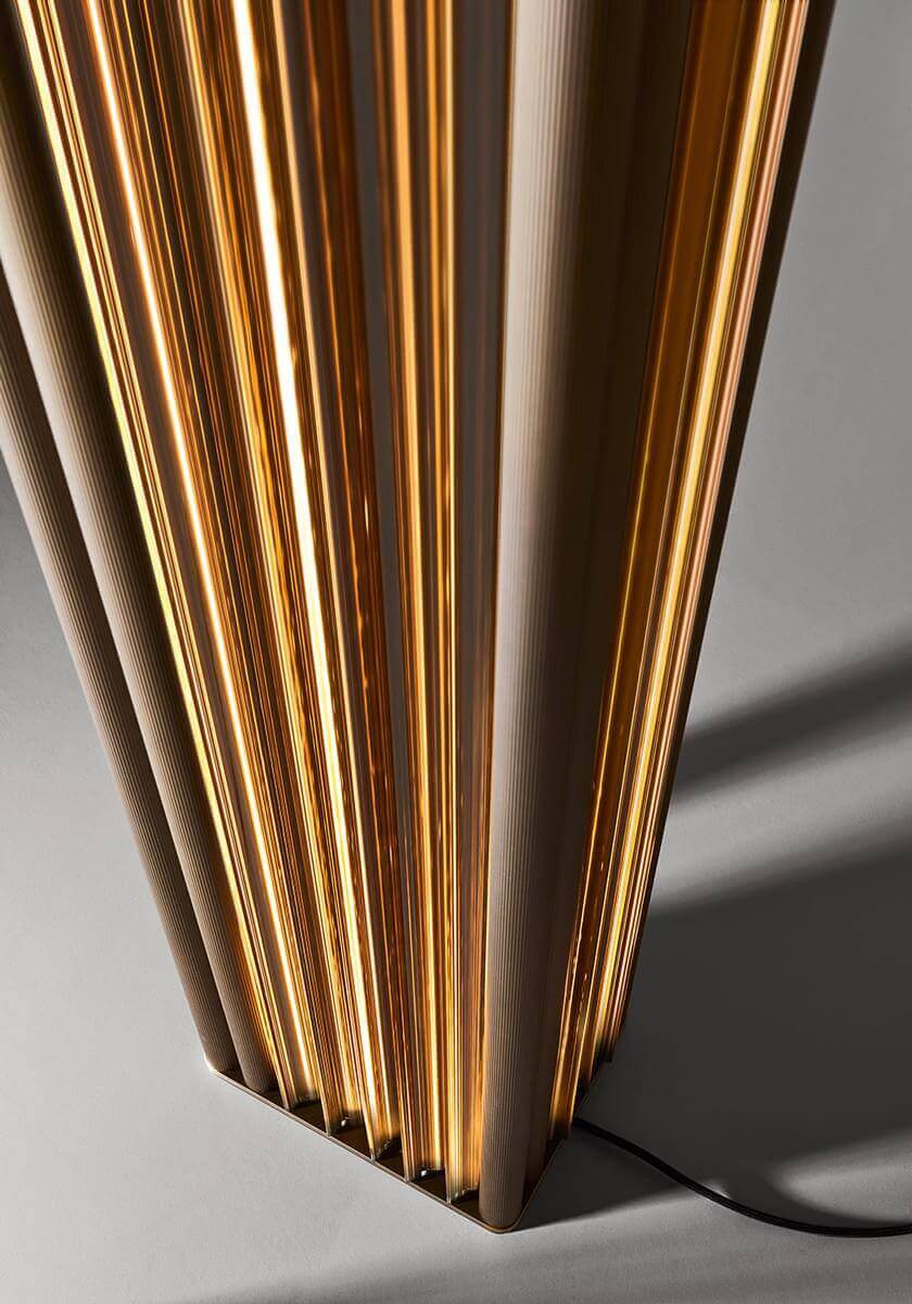 Exclusive VENICEM Numa floor lamp crafted with dark burnished brass and Murano blown glass trihedrons diffusers in golden-bronze tones
