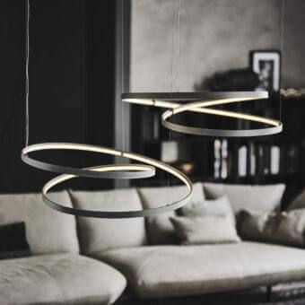 Superior Cattelan Italia Heaven suspension lamp with interconnected flattened circular rings in titanium embossed lacquered metal and matte gray finish