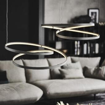 Elegant Cattelan Italia Heaven suspension lamp with interconnected titanium embossed lacquered metal rings emitting warm white light