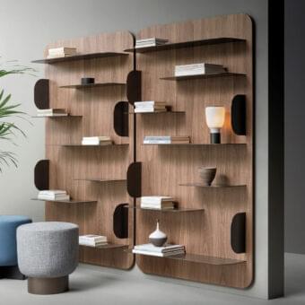 Distinctive Bonaldo Blabla bookcase with walnut veneered panels and dark metal shelves exhibiting rounded edges and vertical cutouts
