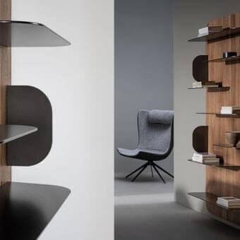Superior Bonaldo Blabla bookcase with veneered Canaletto walnut wood and glossy black metal shelves crafted in Italy