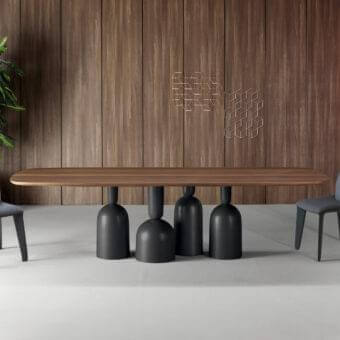 Refined Bonaldo Cop table with a racetrack-shaped wooden top and striking painted metal base in bottle-inspired elements with a smooth medium-brown finish