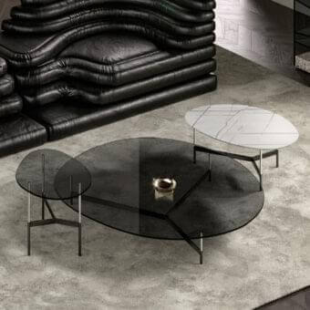 Superior Tonelli Design After9 coffee table with dark-tinted glass top and sleek black metal frame