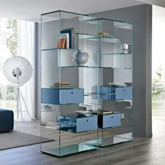 Exclusive Tonelli Design Liber bookcase with clear glass structure and light blue drawers offering a minimalist aesthetic