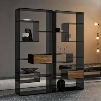 Distinguished Tonelli Design Liber bookcase with smoked glass and eucalipto wood drawers in glossy finish