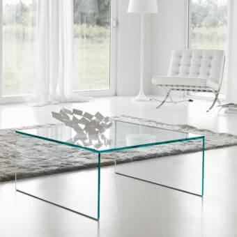 Exceptional Tonelli Design Eden coffee table crafted in clear glass with smooth finish exhibiting geometric form