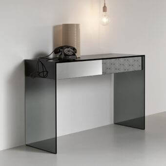 Distinguished Tonelli Design Gotham console with smoked glass and black wooden drawers featuring smoked mirror fronts