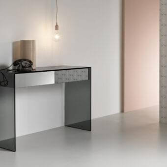Distinguished Tonelli Design Gotham console with smoked glass and black wooden drawers featuring smoked mirror fronts