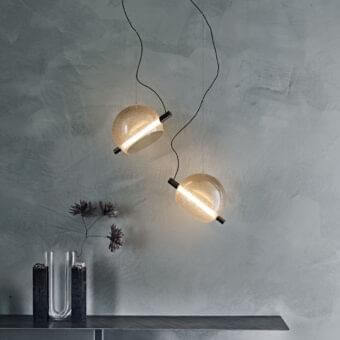 Elegant Cattelan Italia Cody suspension lamp with artistic blown glass and black chrome steel canopy