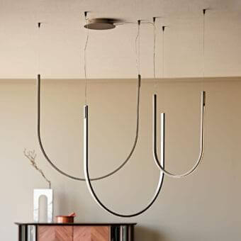 Distinguished Cattelan Italia Nahun suspension lamp in satin iron grey embossed lacquered steel with refined brass details and light grey fixtures
