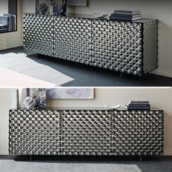 Captivating Cattelan Italia Vivaldi sideboard with quilted mirrored glass and graphite lacquered wood finish
