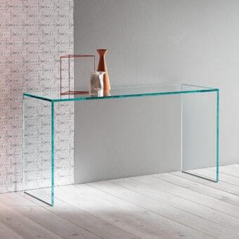 Elegant Tonelli Design Gulliver console with a simple bridge-shaped structure in transparent glass and glossy finish