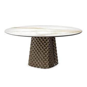Distinctive Cattelan Italia Atrium table with ceramic Marmi top and quilted curved mirrored glass base