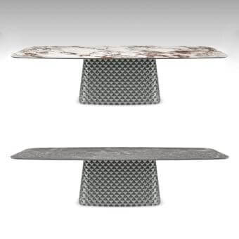 Distinguished Cattelan Italia Atrium table with ceramic Marmi top and quilted curved mirrored glass base in matte finish