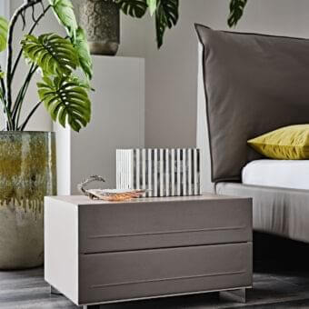 Distinguished Cattelan Italia Dyno nightstand with taupe eco-leather and matte finish presents two drawers supported by square metal legs
