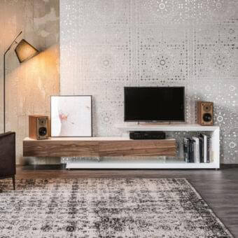 Elegant Cattelan Italia Link TV stand with white embossed lacquered frame and Canaletto walnut drawer and door crafted in Italy
