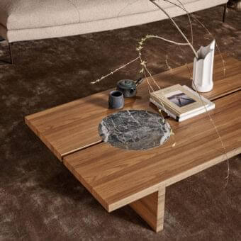 Refined Bonaldo Moon coffee table with a natural wood grain top and dark marble ceramic insert