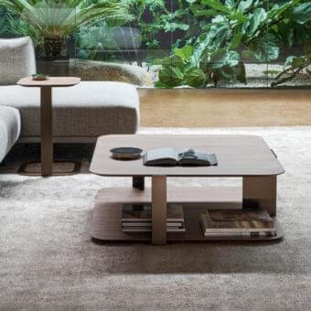 Sophisticated Bonaldo Paddle coffee table with two Canaletto walnut veneered wood tiers and bronze plus metal structure