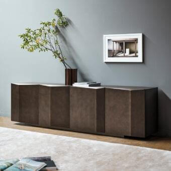 Exclusive Bonaldo Bernois sideboard with geometric volumes crafted in bronze matt lacquered wood and brushed bronze pantographed wood