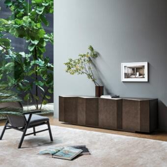 Elegant Bonaldo Bernois sideboard with bronze matt lacquered wood and brushed bronze pantographed wood doors