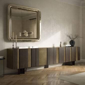 Distinguished Cattelan Italia Amsterdam sideboard crafted in Oxybrass with burnt oak inserts and curved steel feet