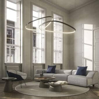 Distinguished Cattelan Italia Magellano Magnum suspension lamp with titanium steel and dark matte finish encircling a bright internal light source