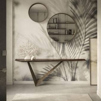 Avant-garde Cattelan Italia Varenne console with a warm brown wooden top and shaped edges built with a V-shaped metal base