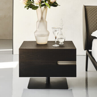 Refined Cattelan Italia Ciro nightstand with burned oak embossed lacquered wood and cylindrical metal supports