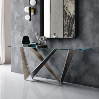 Distinguished Cattelan Italia Westin console with intersecting V-shaped base in graphite embossed lacquered steel and clear glass top