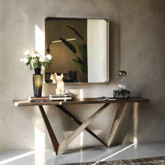 Exceptional Cattelan Italia Westin console with graphite embossed lacquered steel base and clear glass top crafted in Italy