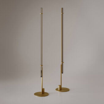 Distinguished VENICEM Optical floor lamp with burnished brass structure and colored glass trihedron diffuser crafted in Italy