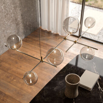 Elegant Cattelan Italia Bloom suspension lamp with brushed brass metal branches and clear crystal spheres
