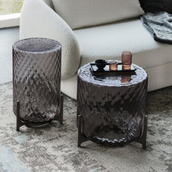 Distinguished Cattelan Italia Dodo side table in smoked crystal with criss-crossing rhombi and matte metal legs