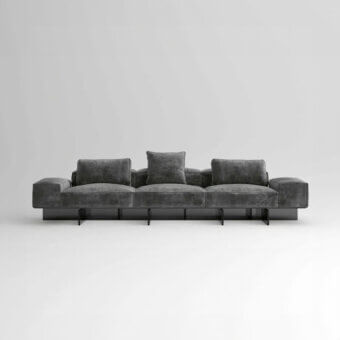 Exceptional Tonelli Design sofa upholstered in dark gray textile with extra clear stratified glass base and visible double stitching