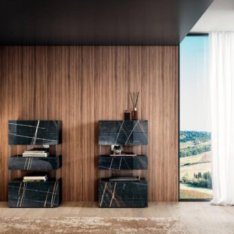 Exceptional Lago Air Vertical dresser with dark stone-like XGlass drawers and extra-clear tempered glass construction
