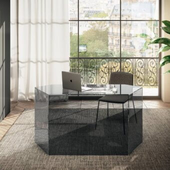 Exceptional Lago Livre desk with a sculptural hexagonal top and glossy dark gray glass construction