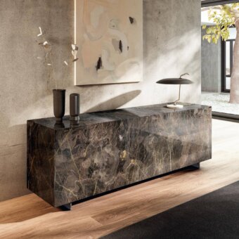 Exceptional Lago Plenum sideboard with coplanar sliding doors and lustrous marble-like glass exhibiting dark gray and gold veining