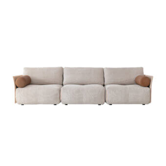 Lavish Cierre1972 Tab sofa with light beige fabric and tan leather, exhibiting raw cut edges and soft padding