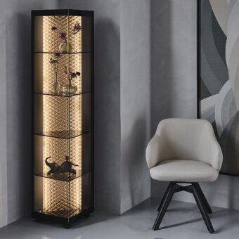 Distinguished Cattelan Italia Atelier showcase with quilted diamond pattern in golden tone and dark frame with clear glass shelves