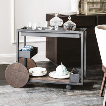 Superior Cattelan Italia Brandy trolley with a geometric graphite lacquered steel frame and dark wooden trays with circular wheel accents