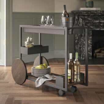 Superior Cattelan Italia Brandy trolley with geometric design in lacquered graphite steel and dark brown wooden trays