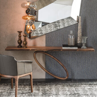 Distinguished Cattelan Italia Tour console with a live edge wood top and sculptured oval base in a natural matte finish