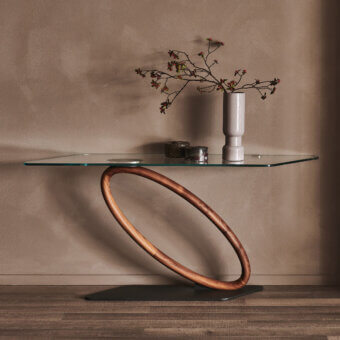 Superior Cattelan Italia Tour console with a transparent glass top and sculptural brown wood oval ring base